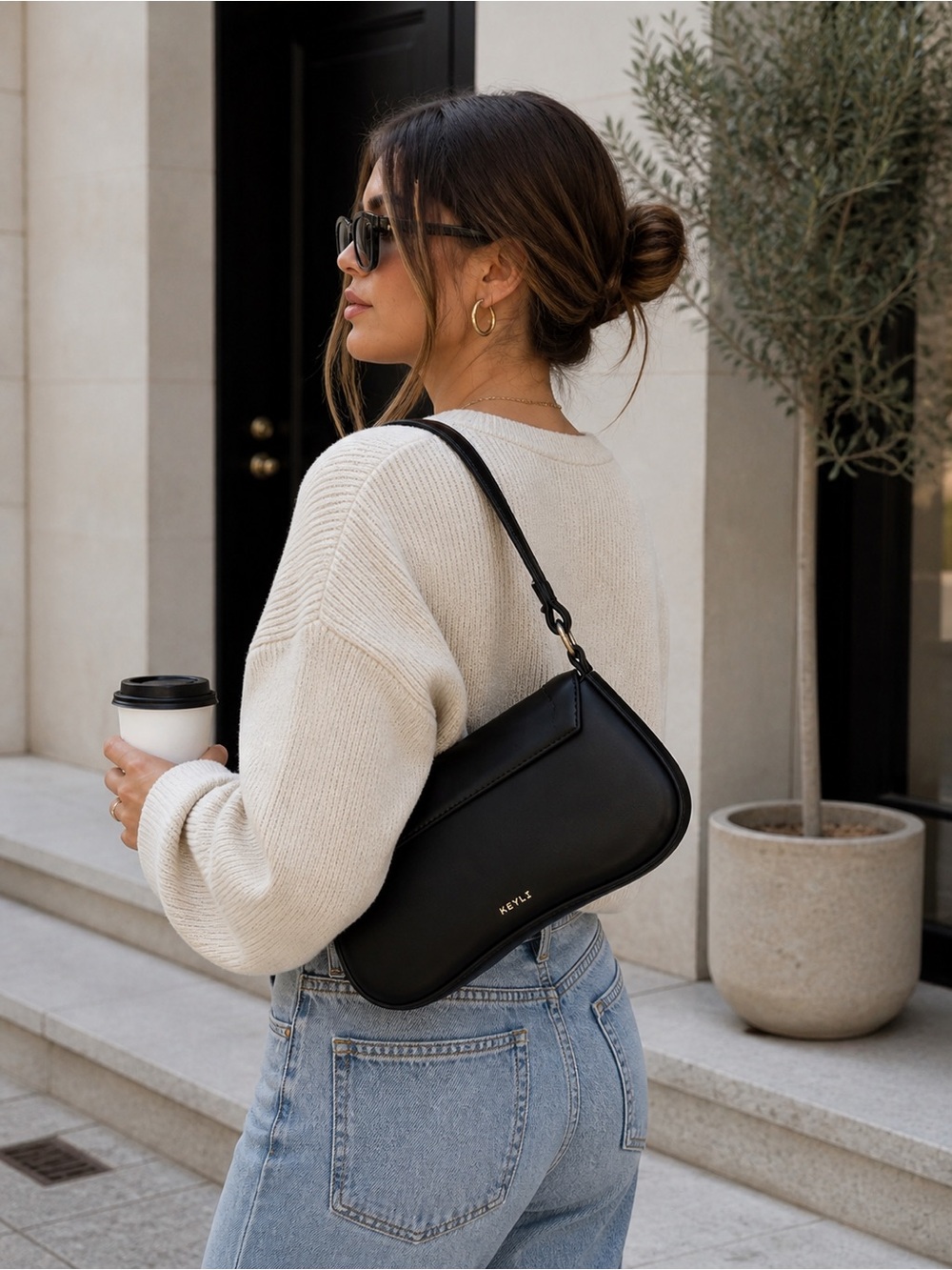 KEYLI Black Curved Baguette Shoulder Bag Minimalist Y2K NEW